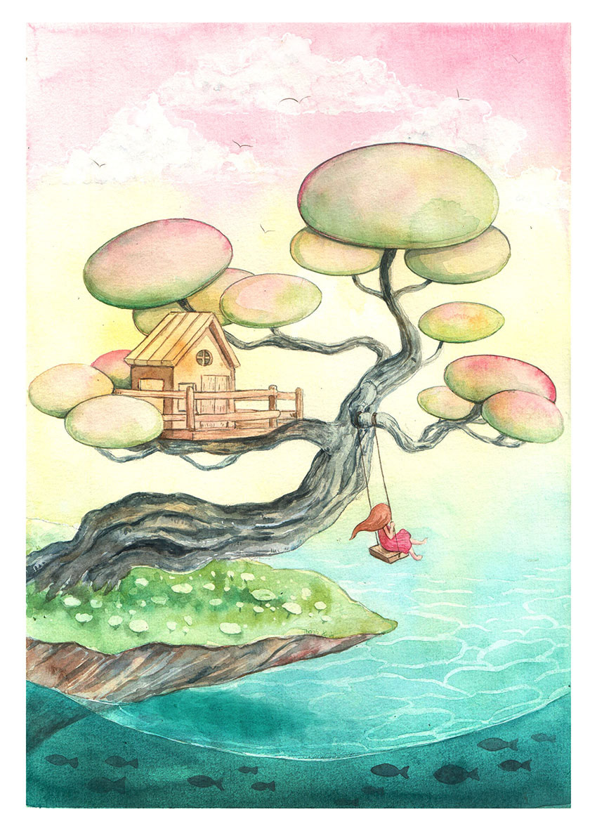 dreamland thanhxinh watercolorpainting  Tree  Treehouse sea dreamer ILLUSTRATION 