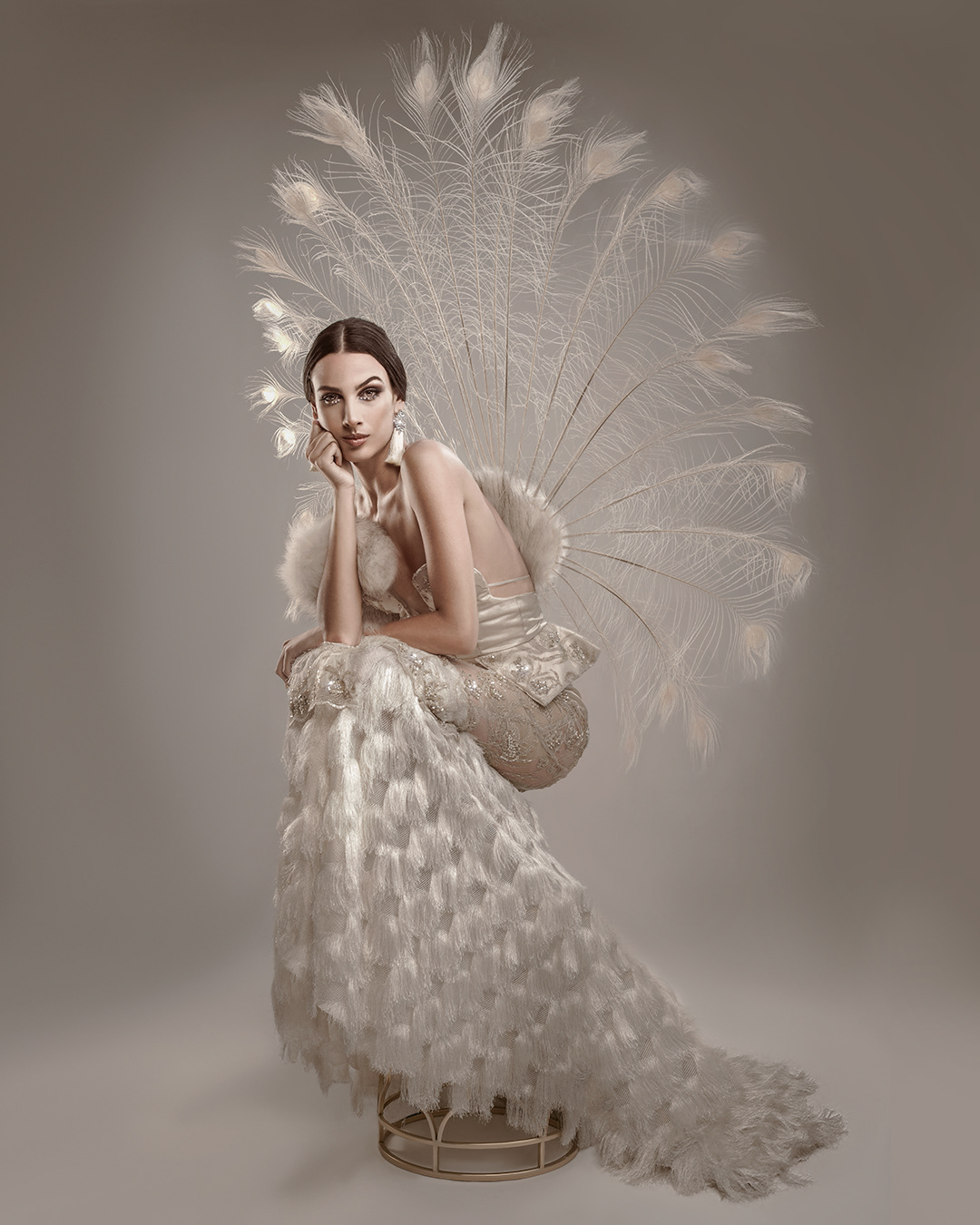 diamonds dress fashion design feathers fox fur Haute couture peacock Phoenix rhinestones White