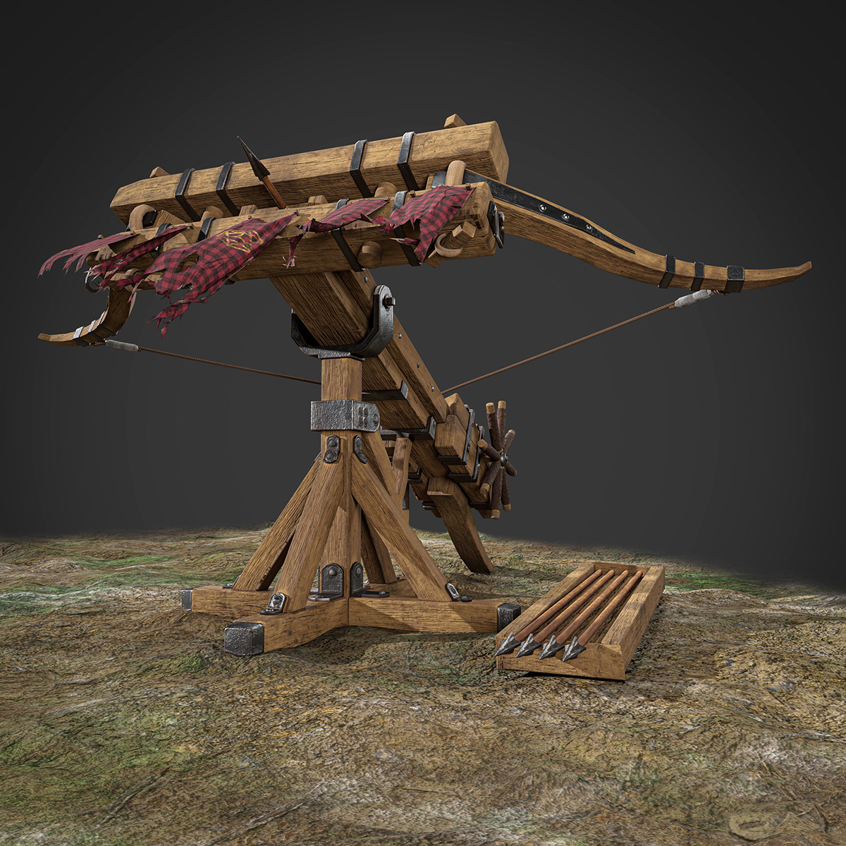 3D 3ds max blender CGI game Low Poly Medieval Ballista modeling texturing vray