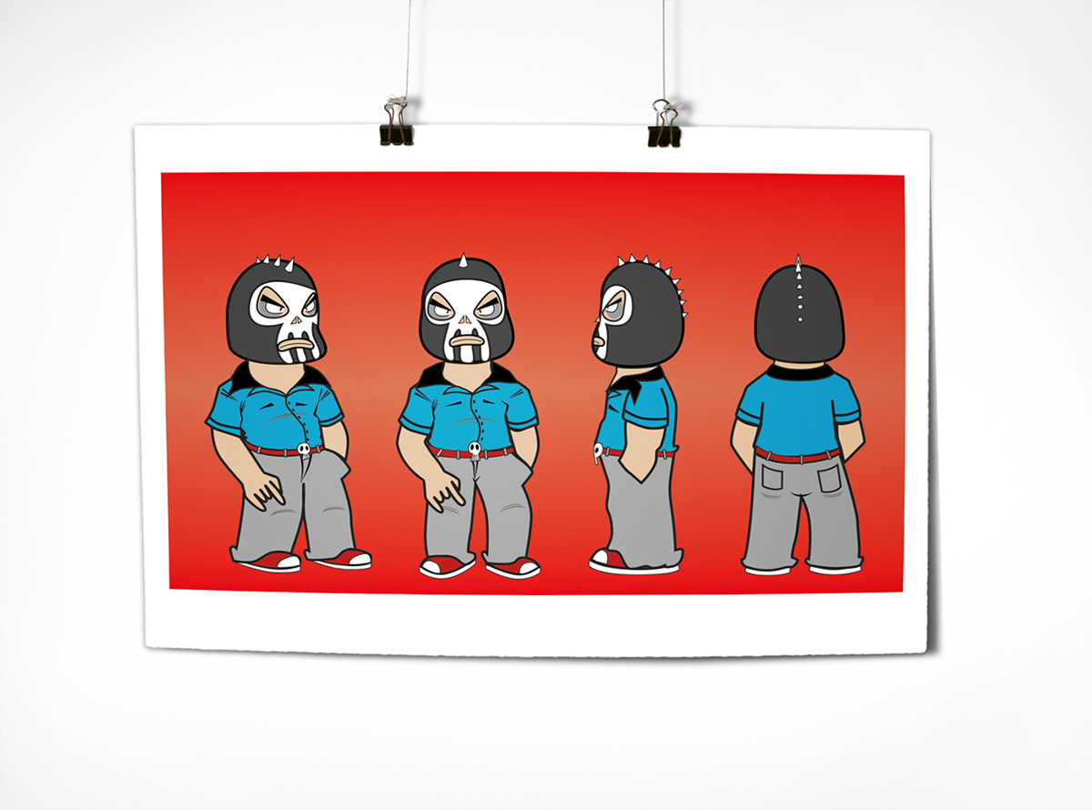 Metal Skull Wrestling mask Character turn around sketch digital paint poster sketchbook 3 heads size red forehead side view 3/4 backside