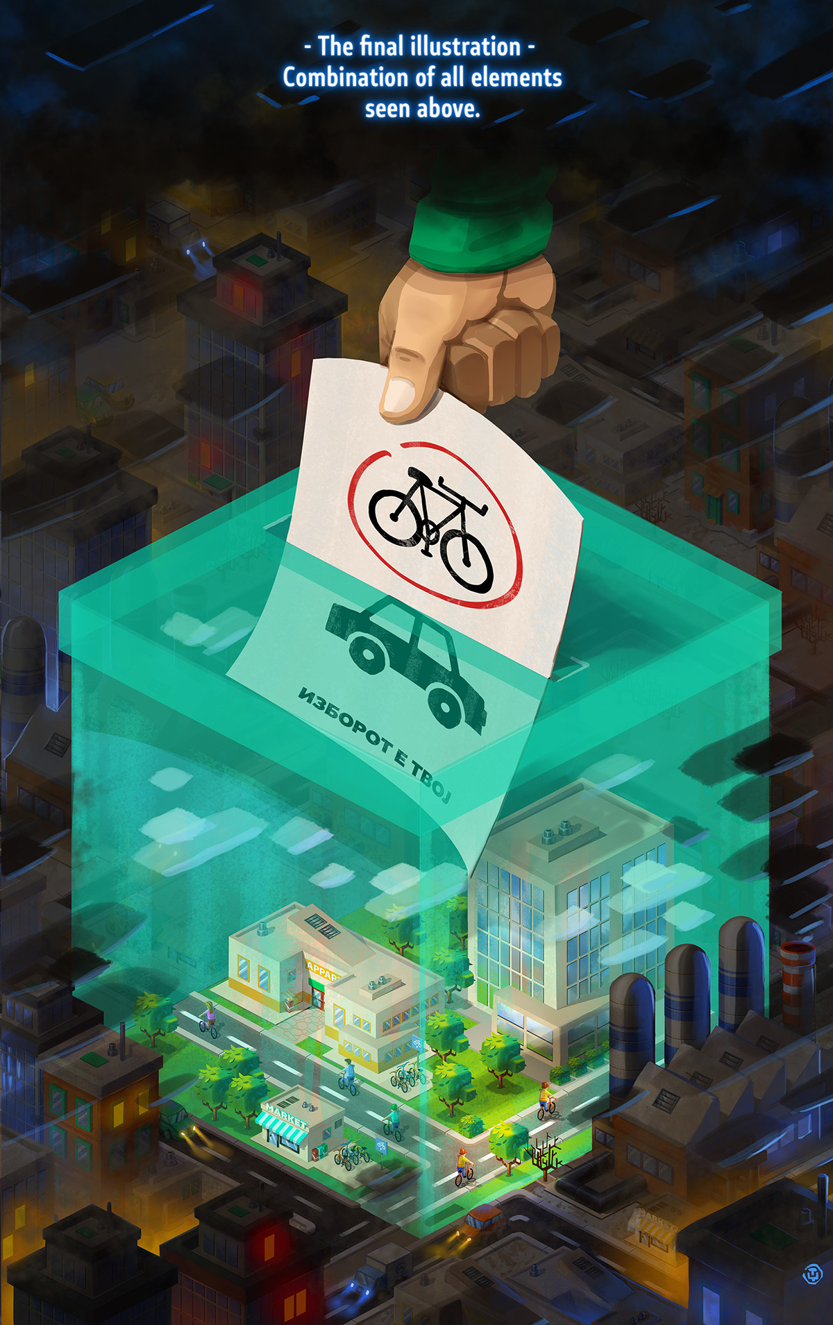 art building concept poster pollution Bike city assets Isometric