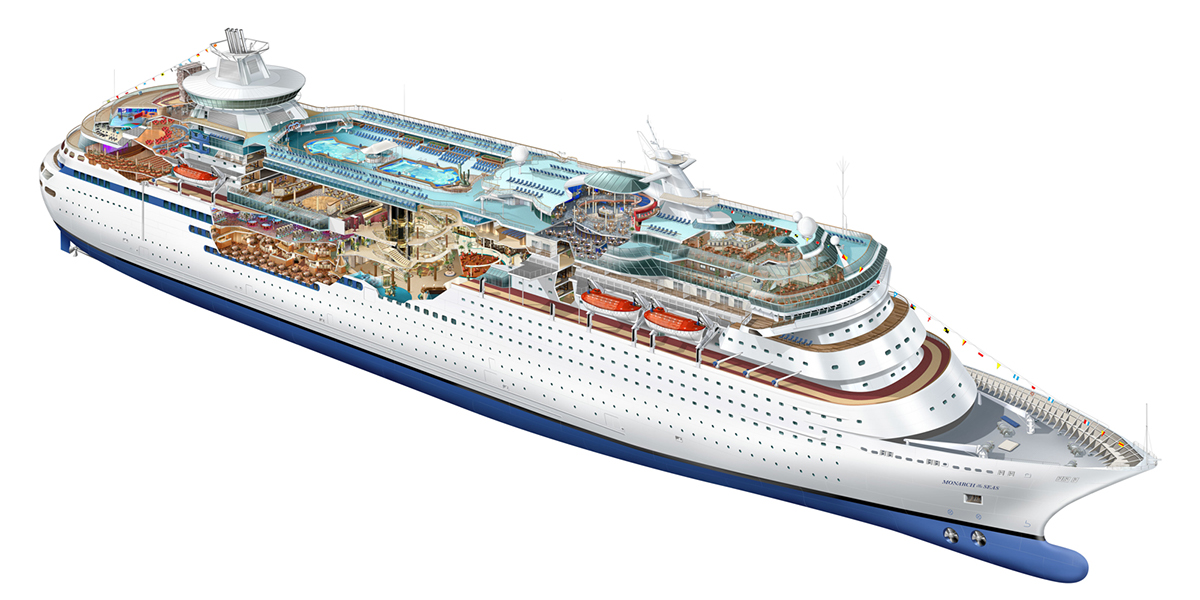 cruise ship ship techincal cutaway Ghosted Cutaway Illustration vessel sea boat cruiseship technical illustration realistic cruis ship