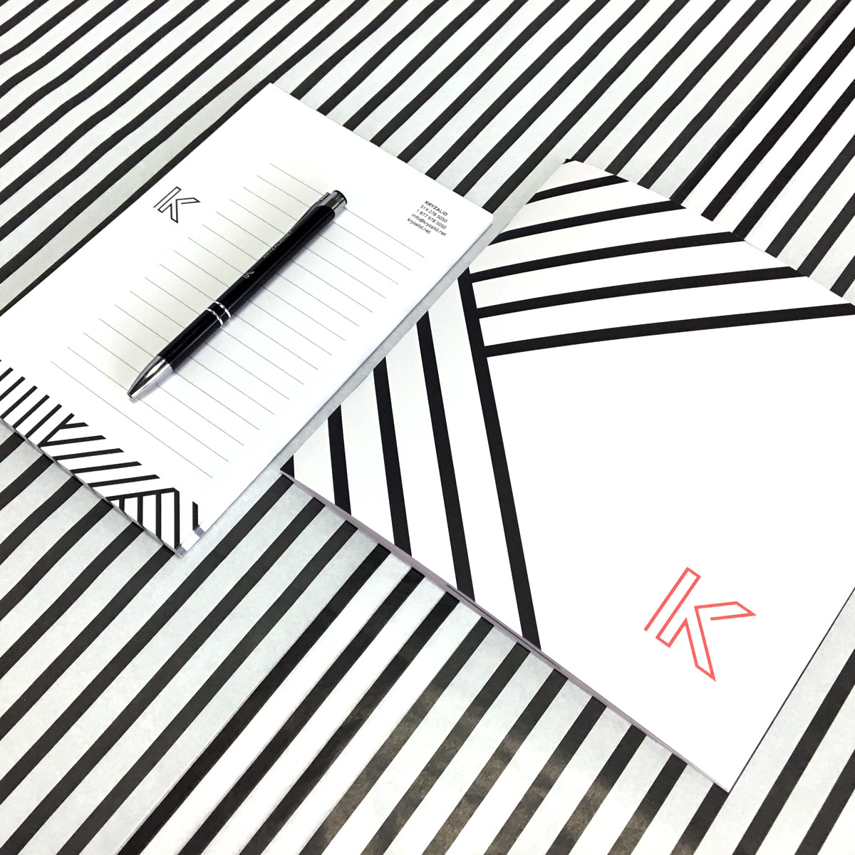 brochure Note Pad pad pen cup bag branding  black and white stripes logo