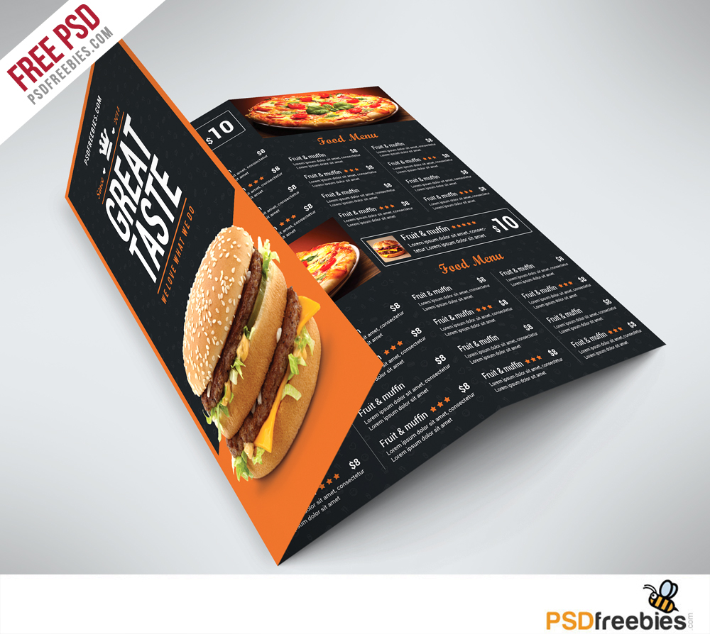 Freebie : Fast Food Menu Trifold Brochure Free PSD on Behance With Tri Fold Menu Template Photoshop