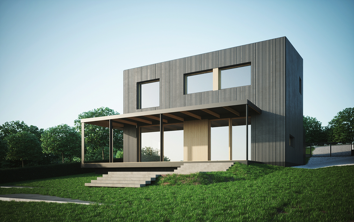archviz Digital Art  CGI Render FStorm contemporary house Cottage facade MORNING