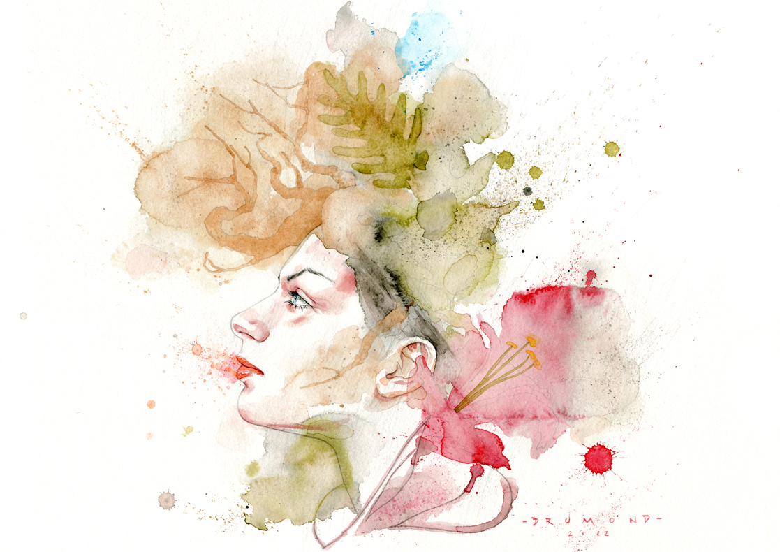 woman head Nature flower leaf girl colors watercolor pencil dark radio cover album cover Album