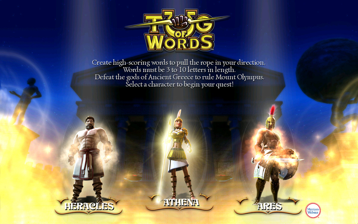 tow tug of words Megatouch game word game letter tiles greek gods