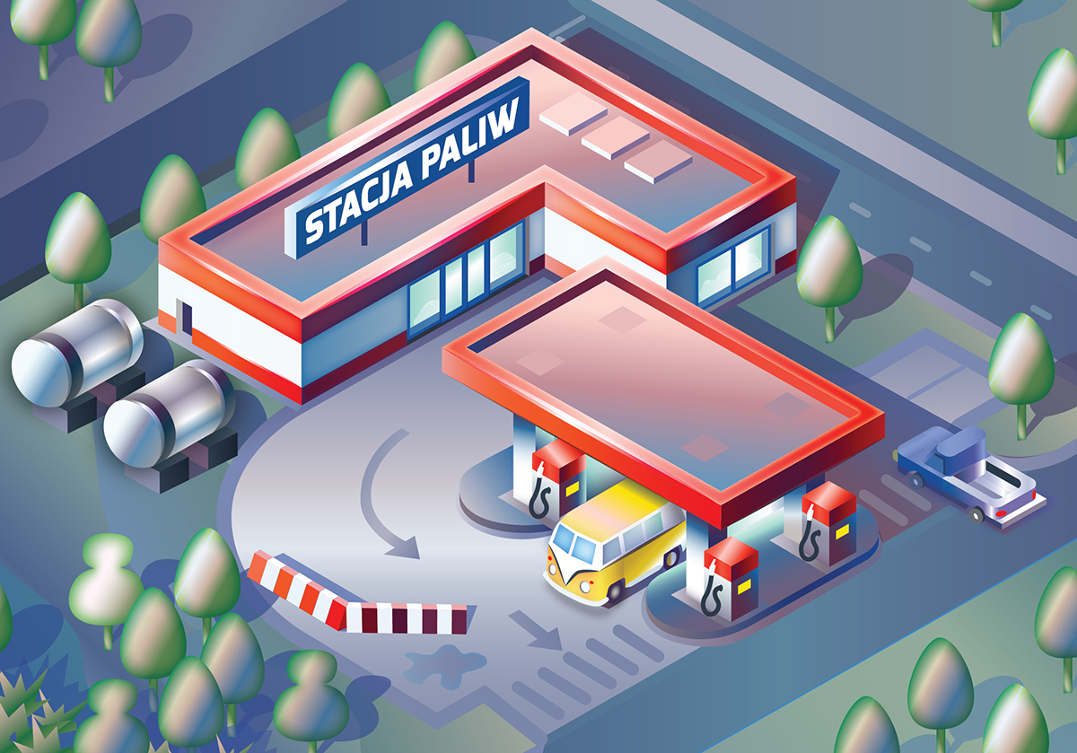 ISO Isometric bird's view miniatures city gas station traffic Cars