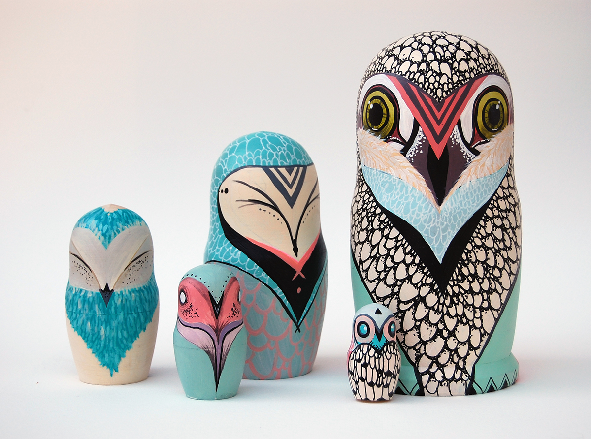 russian owl stacking nesting dolls bird feather