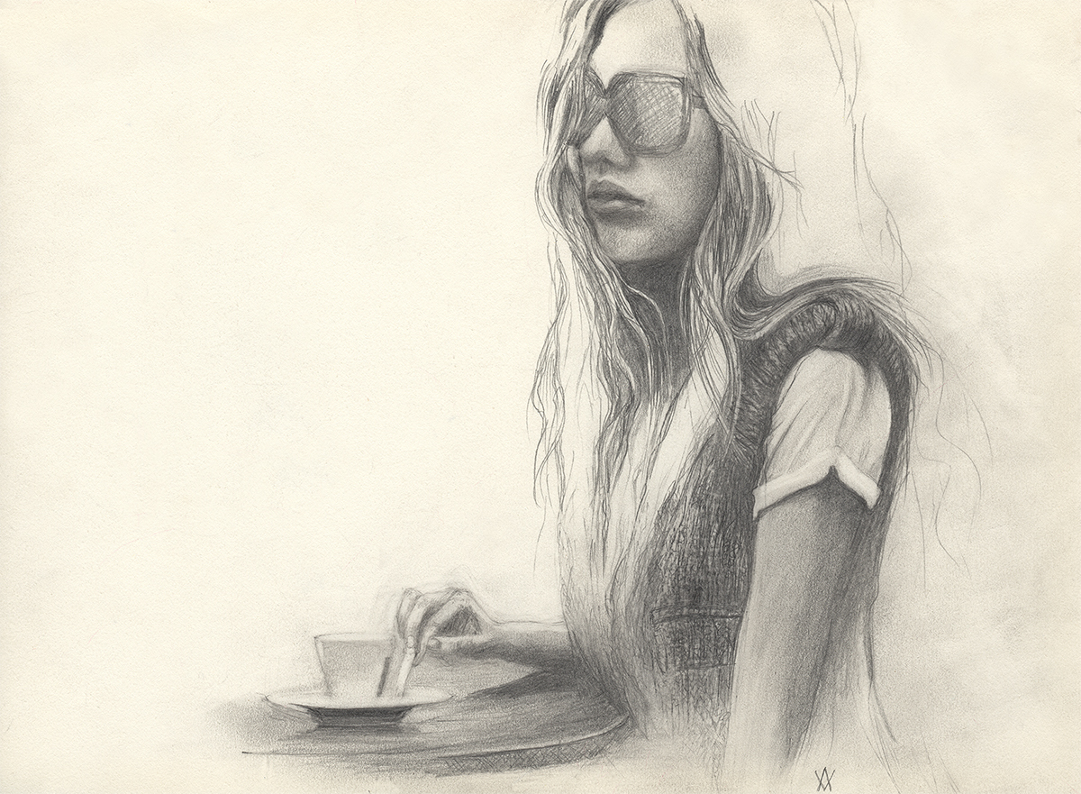 drawing+ women pencil Blackand white cafee bar