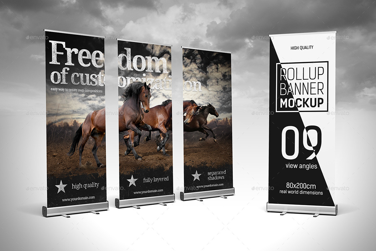 9 angles banner detailed Display editable flexible high resolution Mockup Multiple Angles photo-realistic Roll-Up rollup showcase Stand