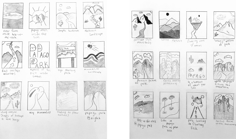 black and white design process Papago Park poster roughs thumbnails