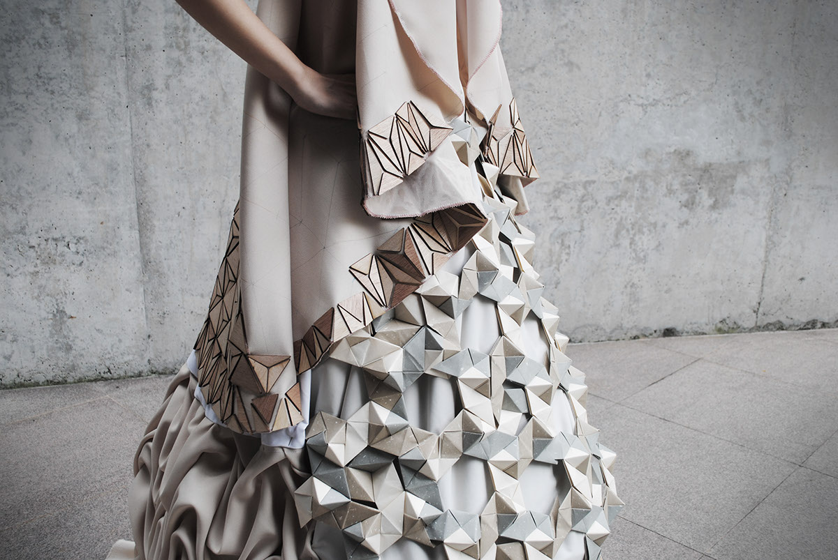 wood paper fabric pattern Body Architecture mountain origami  laser cut canadian smocking geometric triangle pyramid cape dress