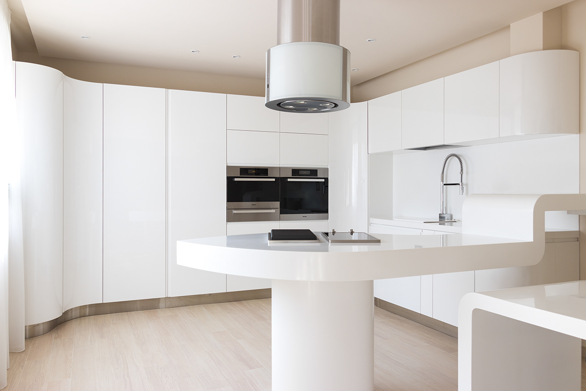 kitchen design kitchen island design comopite materials HI-MACS curved painted veneer