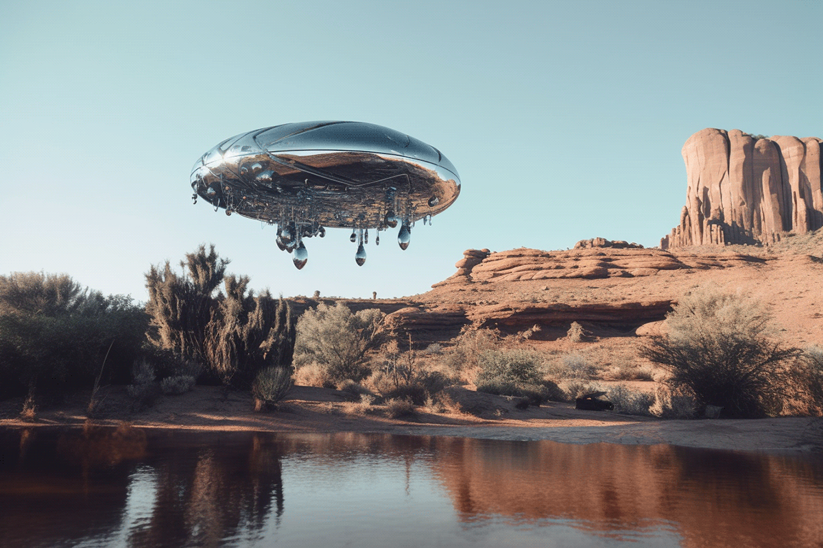 Outdoor spaceship spacecraft landing desert surreal photoshoot chrome outfit futuristic