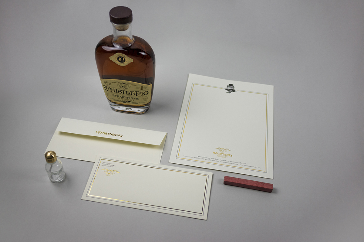 Whiskey Stationery Business Cards letterhead envelopes whistlepig wax seal vintage Classic golden foil elegant Quality paper