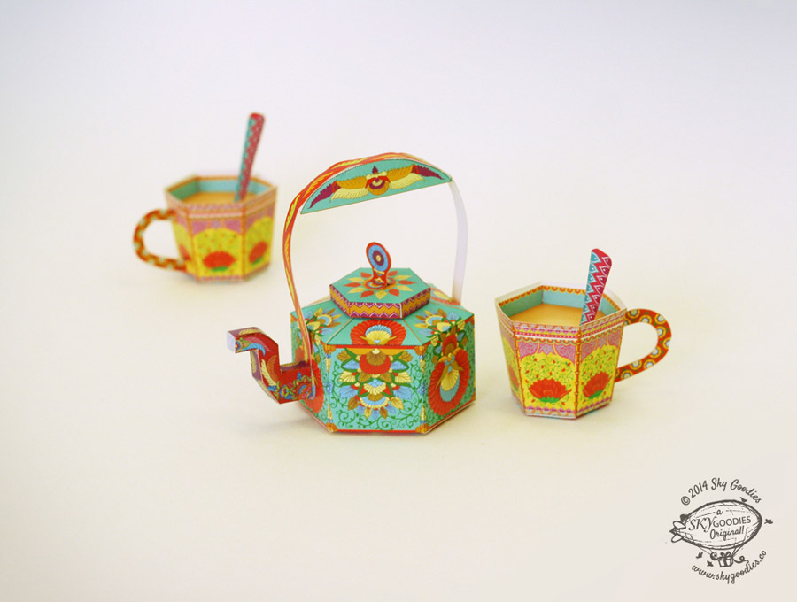 India indian kettle teapot cups paper toy papercraft craft DIY printable template 3D model Miniature