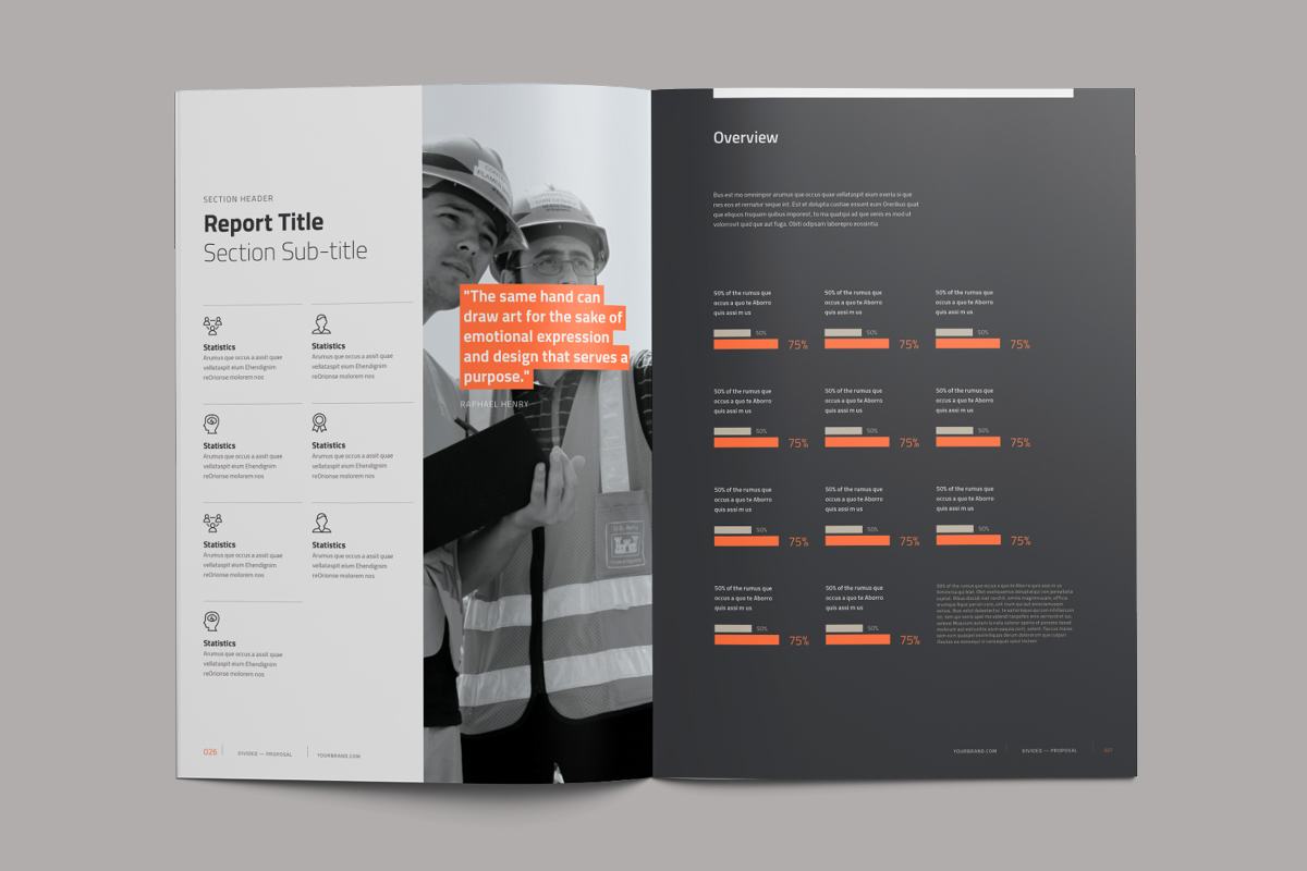 Divided rw annual report template InDesign infographic corporate design Layout prospectus
