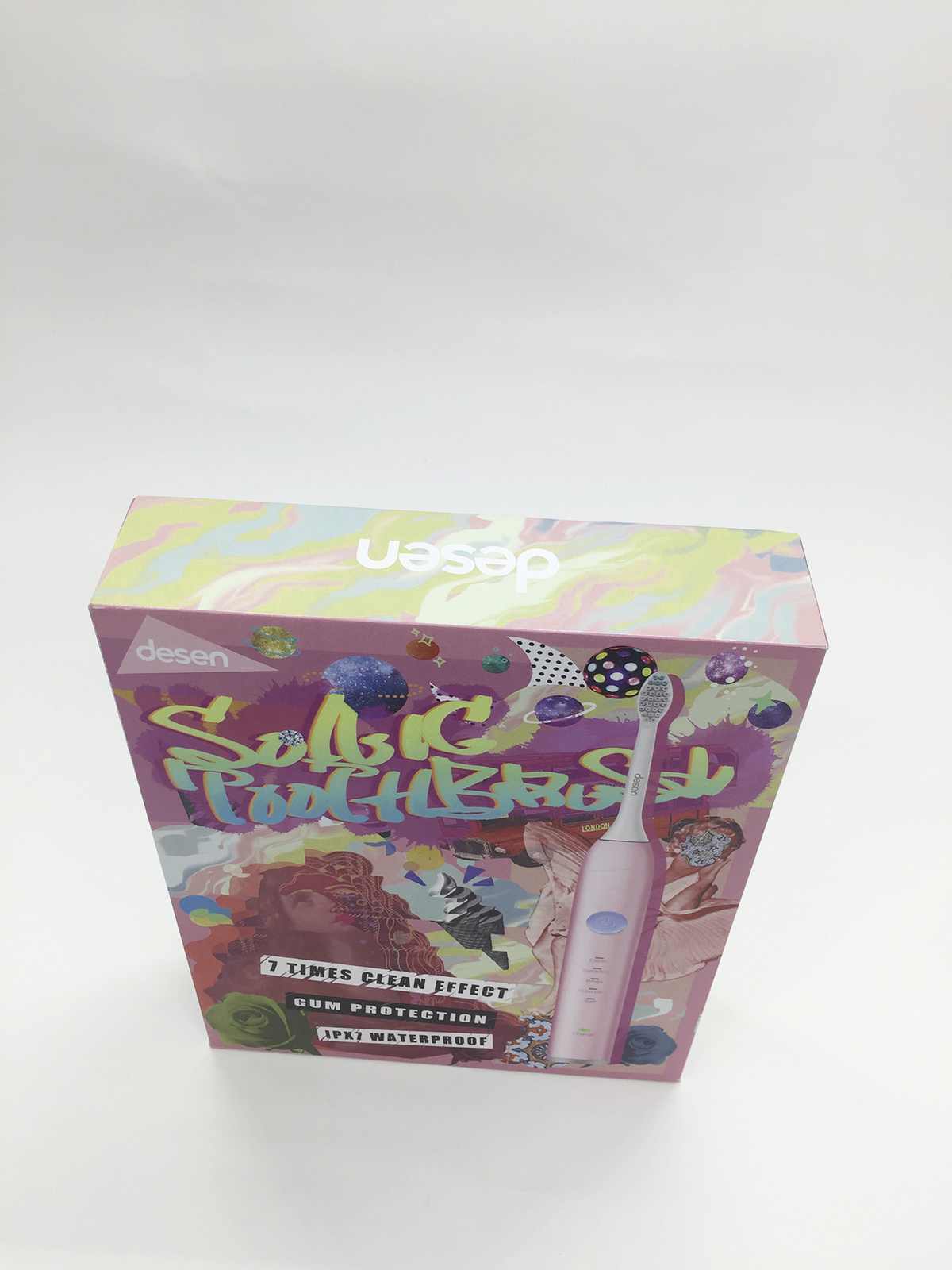 Packaging design toothbrush advertisement collage pink lettering