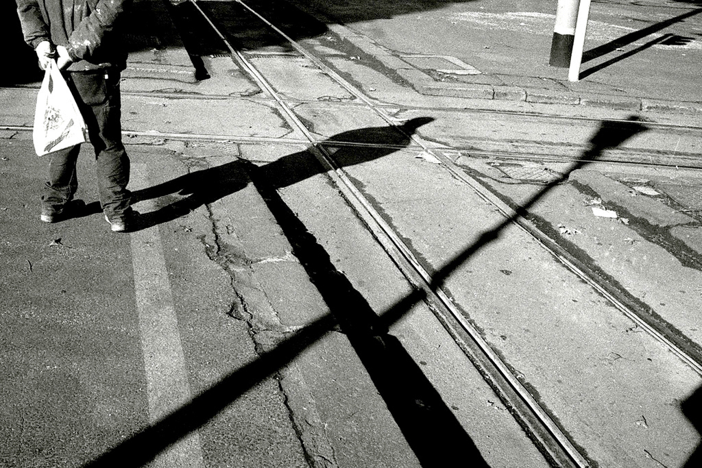 black & white reportage Rome tram train rails analogic Urban city people Italy Street