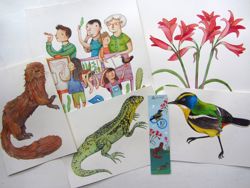 wildlife animals family coloring lizard bird Flowers watercolor