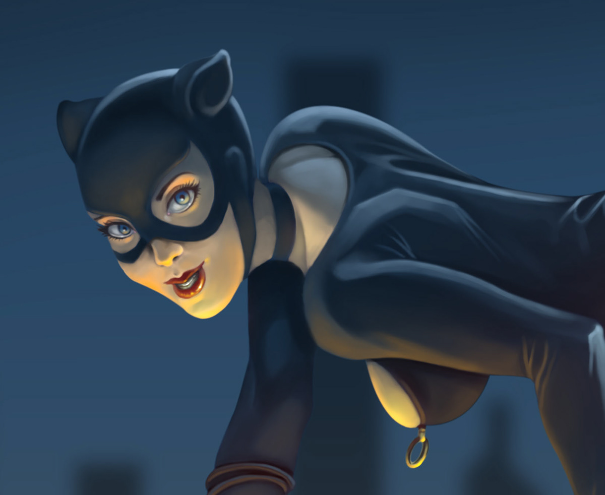 catwoman Trinquette publishing gotham photoshop digital painting Dc Comics cat woman night dark city scape