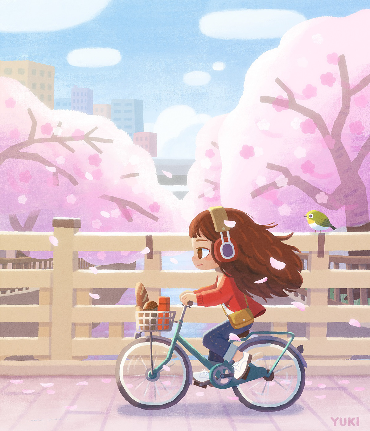 Bicycle cartoon Character design  Cherry Blossom children's book concept art cozy digital illustration spring japan
