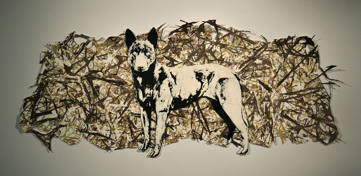 dog lithograph lithography printmaking print Briarpatch installation handmade cut paper