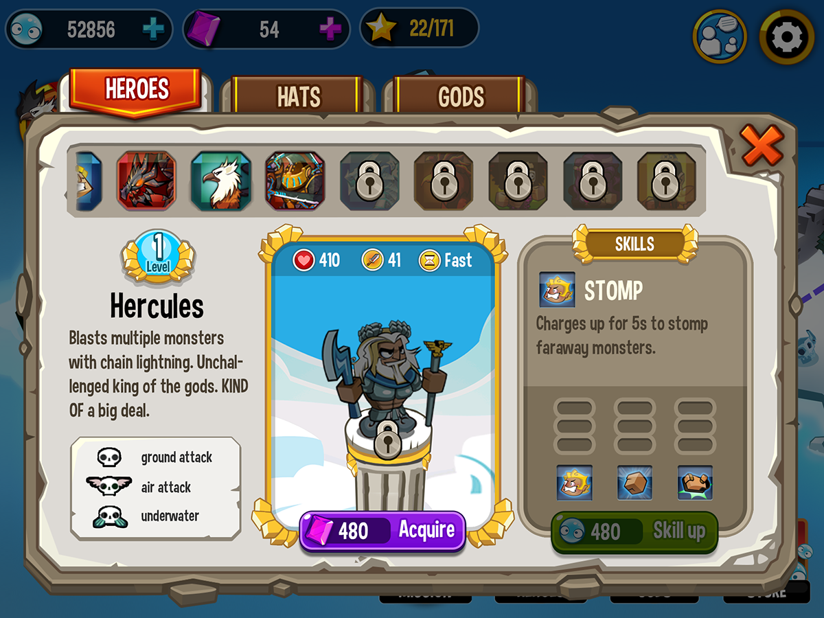 game Defence UI Interface OMG concept purchase Start heroes store shop skills