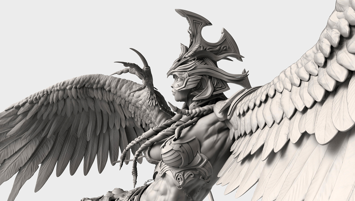 3d sculpting Zbrush modeling Digital Sculpting sphinx Cat lion animal creature Armor warrior speers  wings myth harpie  