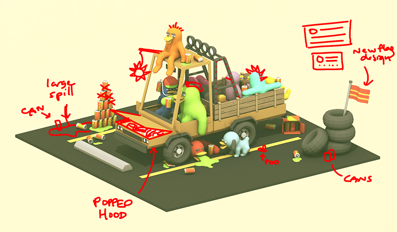 3D ducks Truck collab Collaboration julian glander lowpoly c4d blender Render model Parking Lot Trouble Mayhem Yum! Cola