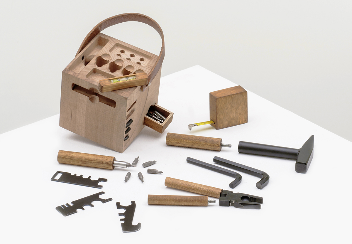 product wood unibz Toolbox design tools hammer pliers meter allen key Beech TIMBER faggio buche