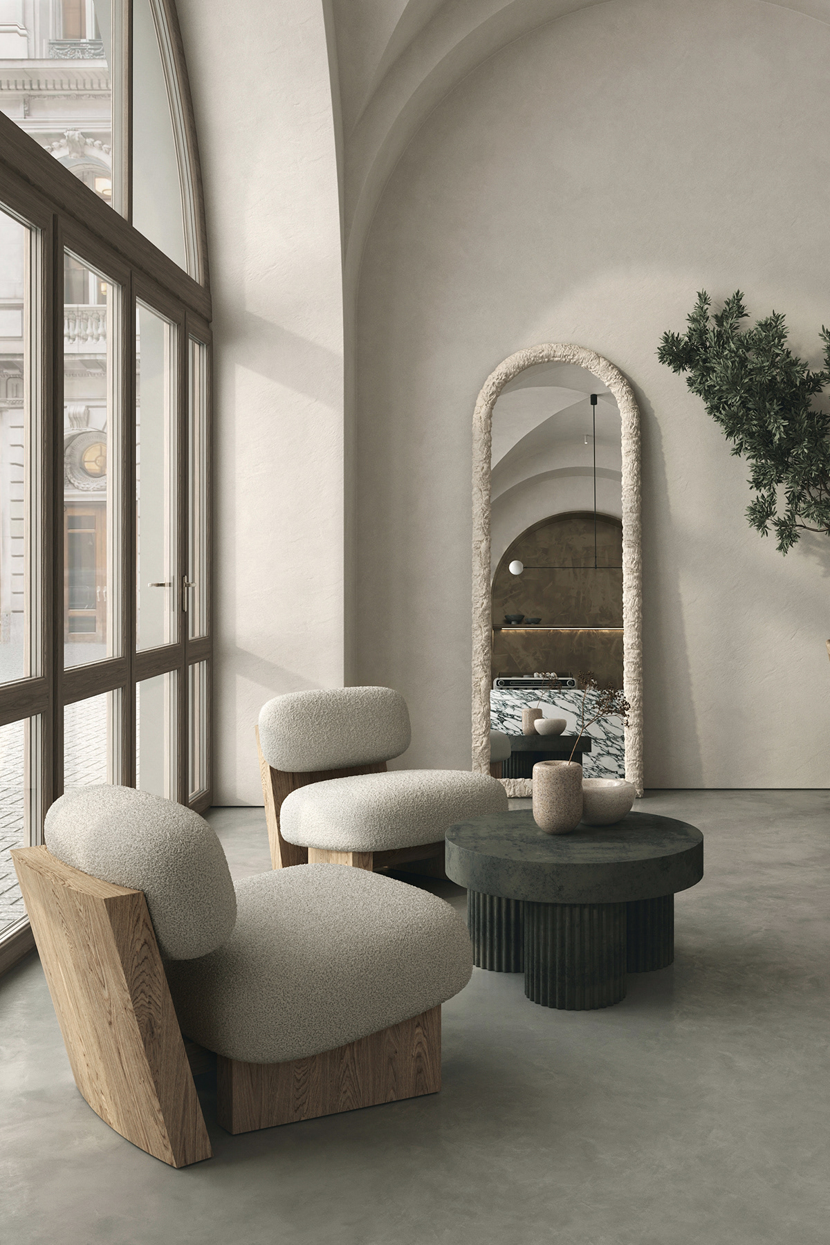 architecture cafe concrete Interior metal Minimalism restaurant stone visualization cinema 4d