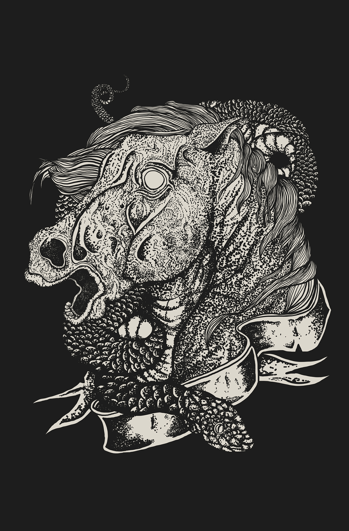 artwork dotwork dark cult occult horror black skull Rooster horse snake nikita kaun Sunturnsintowater