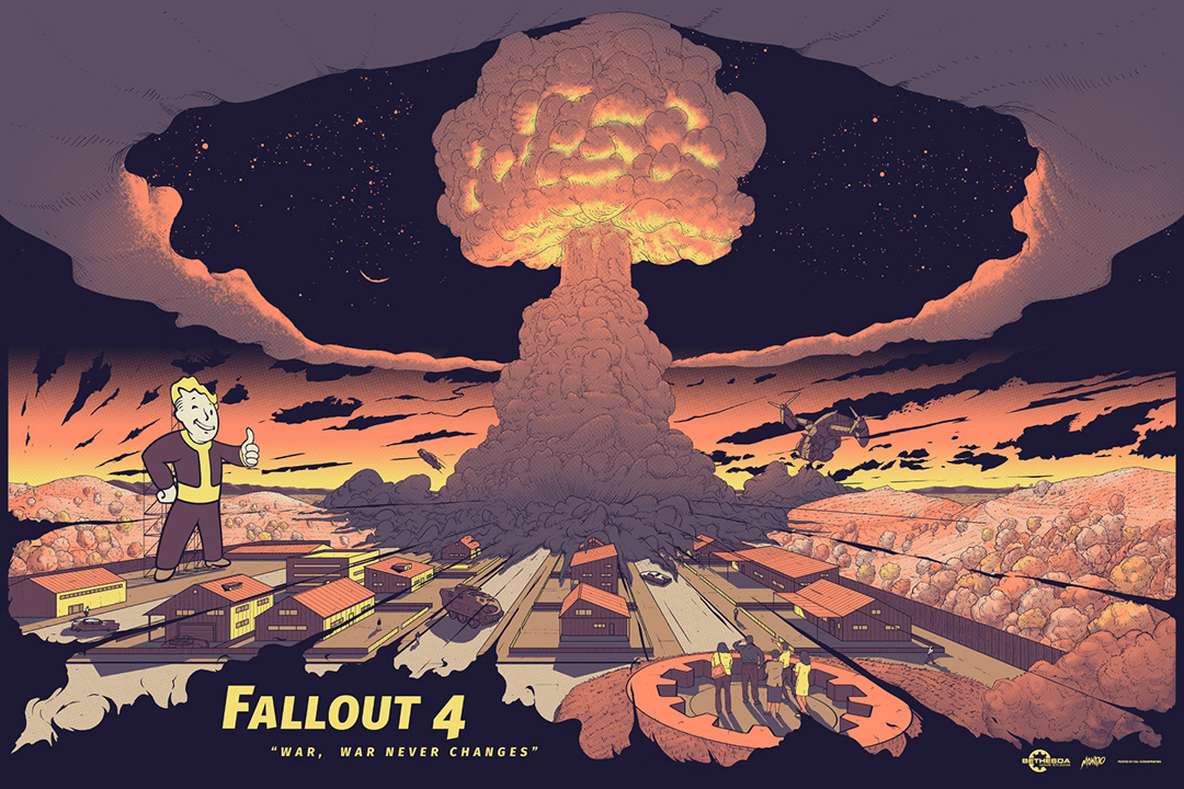 fallout bomb screen print Mondo explosion city mountains poster sci-fi game