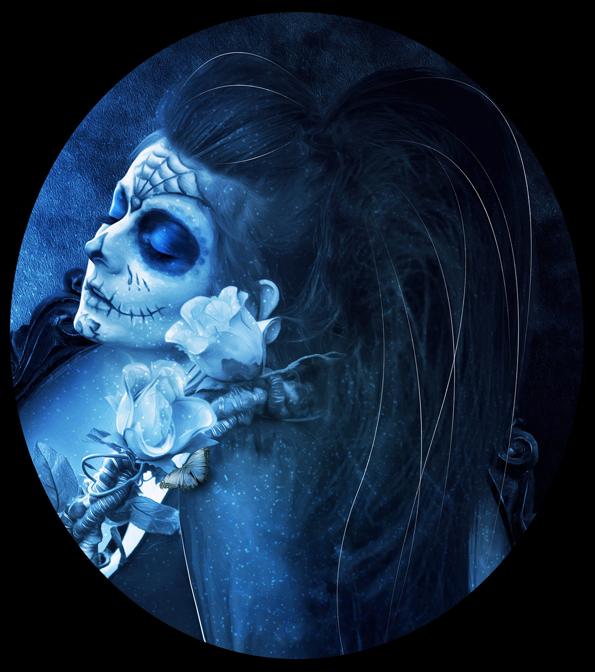 photomanipulation digital ILLUSTRATION  art Work  blue dark gothic death Melancholy calavera skull butterfly mind lost