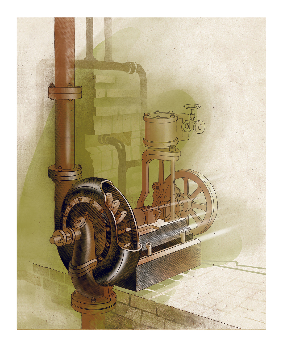 pumps etching engraving details STEAMPUNK Steam engine history graphic technical hand technologies Ancient Retro viktorian age