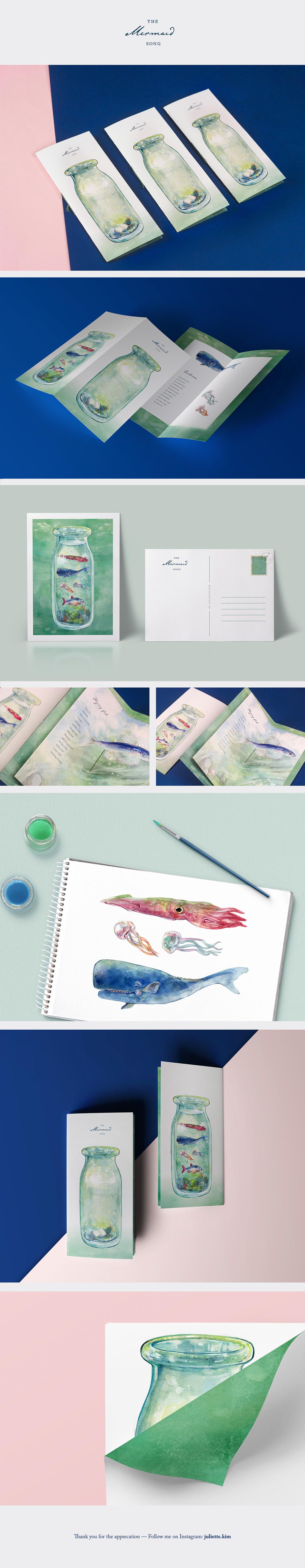 Ocean sea blue green mermaid risd menu book design watercolor animals brochure juliette kim