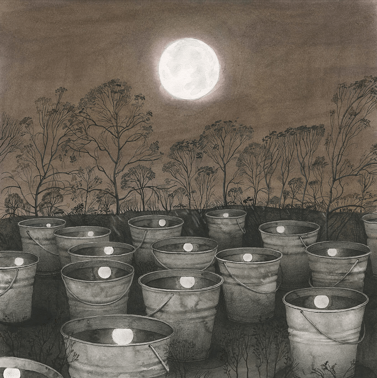 Full moon reflected in buckets of water