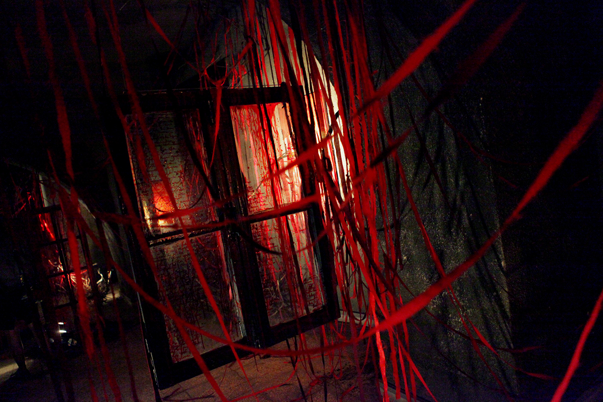 Installaion Multimedia  soundscape glass wood Old Doors windows first fear fabric spider net hidden world darkness conceptual art Art Objects Paintings