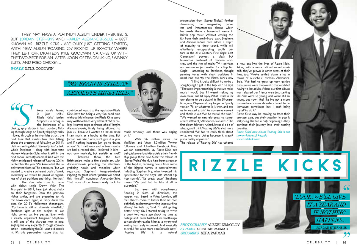 rizzle kicks Layout masthead magazine spread double page musican fashion photography experiment InDesign typographic rules London