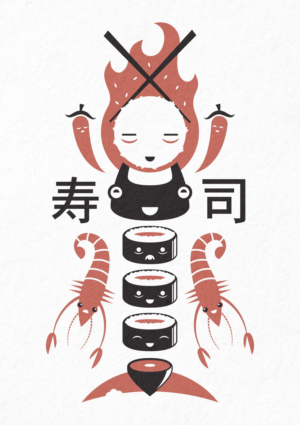 Sushi prawn Chilli Rice red black White japan japanese vector screen print T Shirt tee tees Fun happy Retro vintage bold