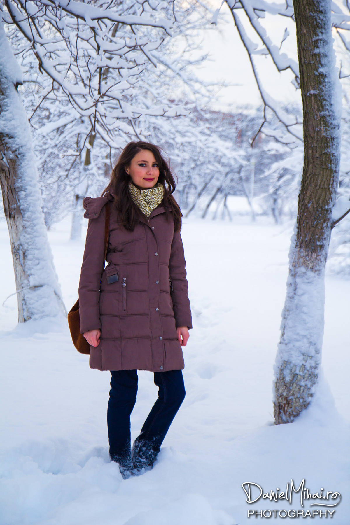 model girl Beautiful smile woman snow winter cold White Outdoor Park happy