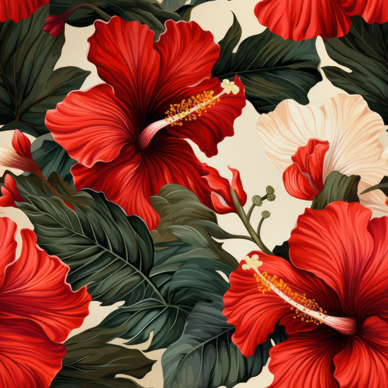 Hibiscus Botanical Illustration, This seamless pattern design showcases intricate hibiscus blossoms 