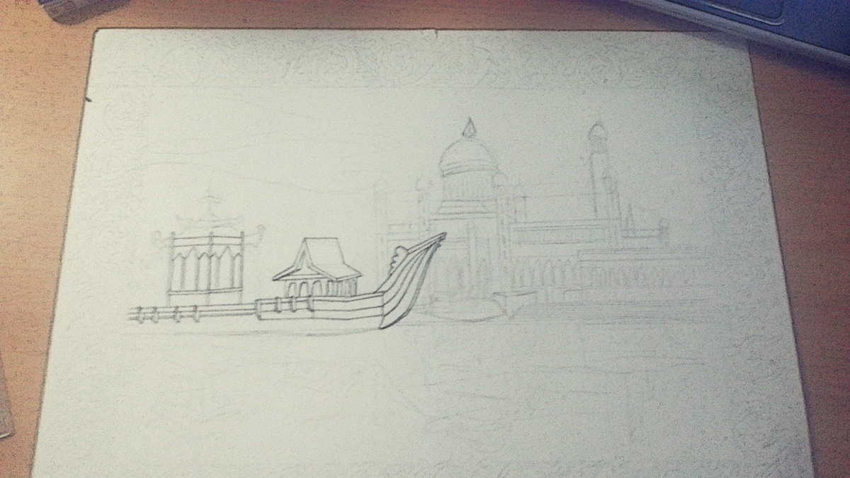mosque BRUNEI step by step hand drawing ink mosque and boat boat
