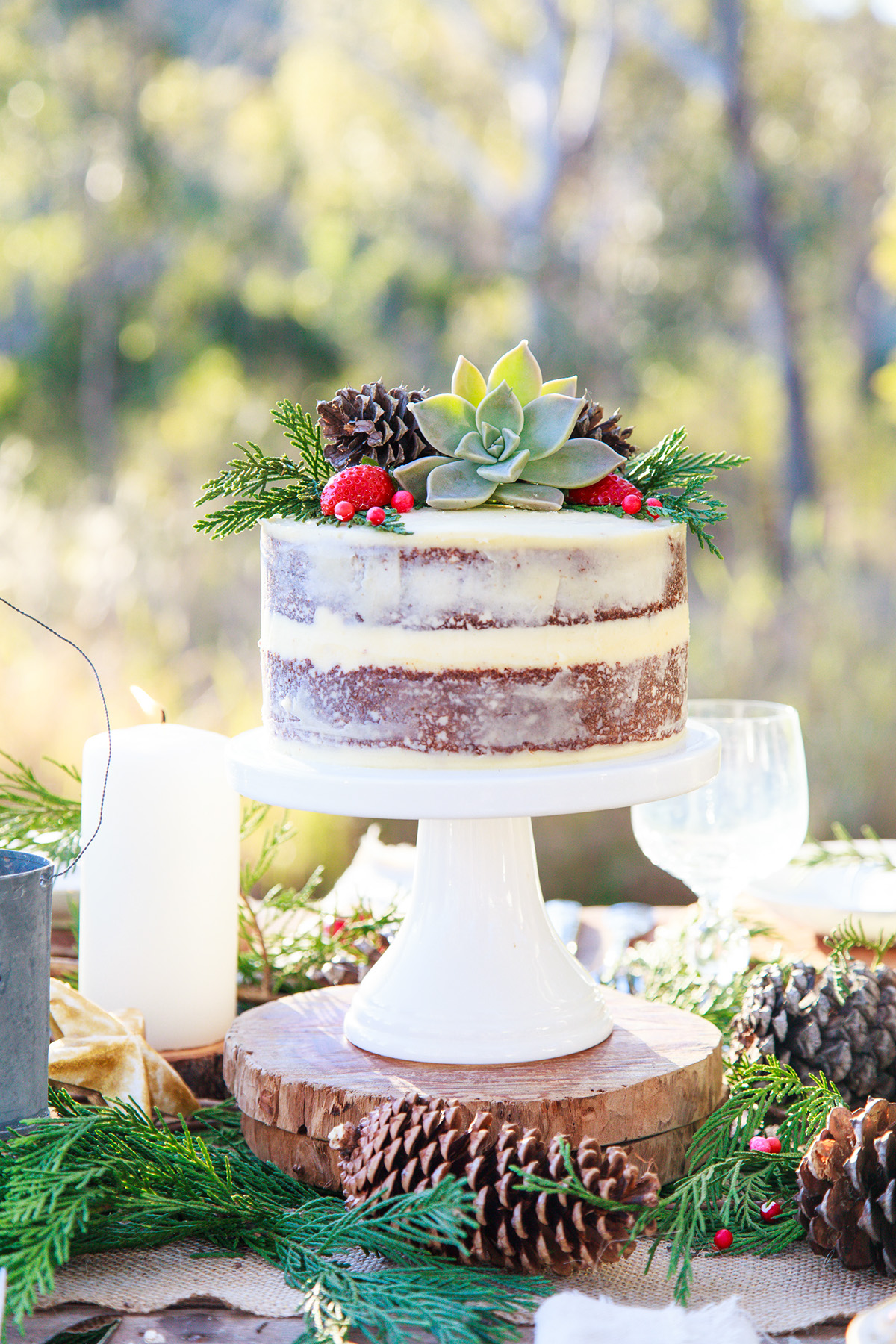 rustic Christmas tablescape Outdoor Paddock wedding Naked Cake natural setting
