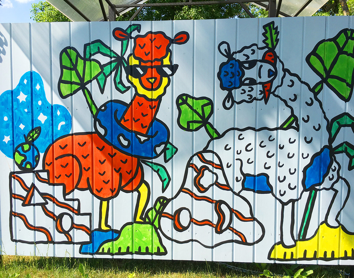 Mural wall art children Playground outside project animals acrylics garden Colourful 