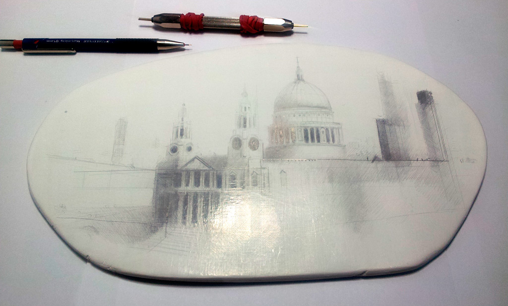 silverpoint Goldpoint traditional methods metal portrait Transcription gesso fine art Drawing  cityscape
