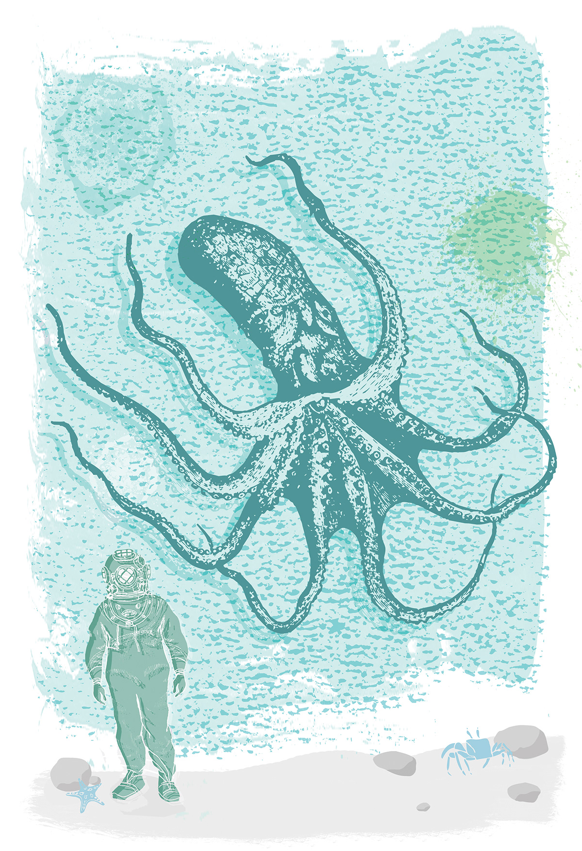 John Stewart johnnystewart75 letterpress sea life octopus Deep Sea Diver under water oceanic salt water life