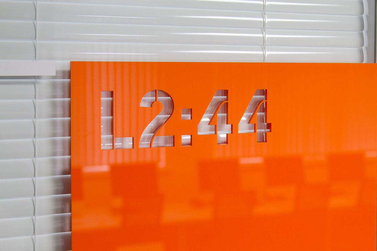 Signage wayfinding maidstone tv studio offices spacial typographic environmental graphics Window orange acrylic Display